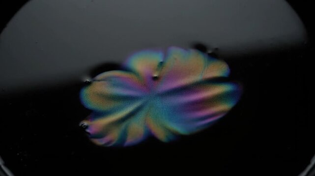 Abstract colorful iridescent oil slick pattern forming in dark liquid, macro shot