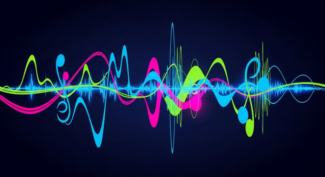 Vibrant sound wave graphic with neon pink blue and green hues on dark background conveying music and technology concepts