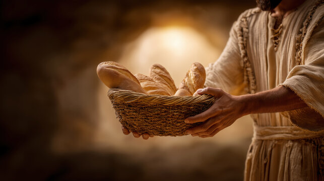 Ancient Biblical Hands Holding Basket with Bread, Miracle of Jesus Christ Concept
