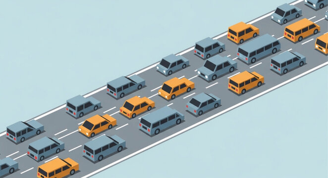 Isometric illustration of a traffic jam on a highway with cars and vans.
