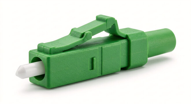 Detailed macro photograph of a green LC Simplex fiber optic connector with a white ceramic ferrule and flexible green boot, isolated on a pure white background.