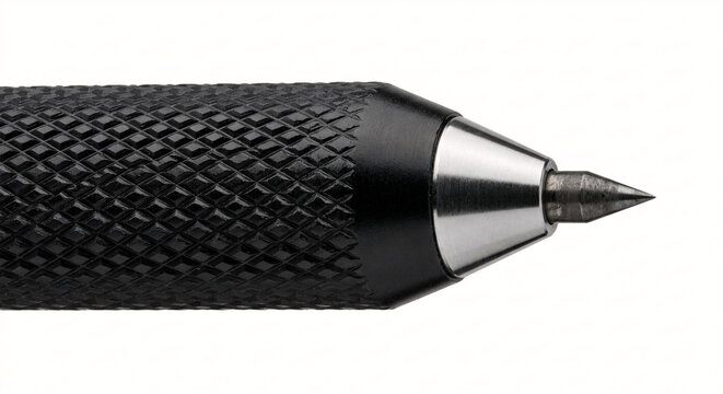Macro shot focusing on the sharp, polished steel conical point of a black-handled metal scriber or punch tool with diamond knurling, isolated on a clean white background.