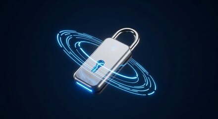 Close-up of a silver padlock with glowing blue digital light rings representing cyber security on a dark background