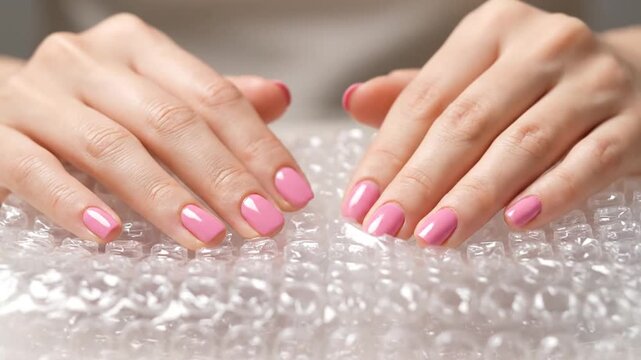 Pink Manicured Nails on Bubble Wrap.