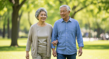 Obraz premium A smiling elderly Asian couple walking arm in arm through a lush green park on a sunny day, enjoying each other's company and a peaceful stroll surrounded by nature