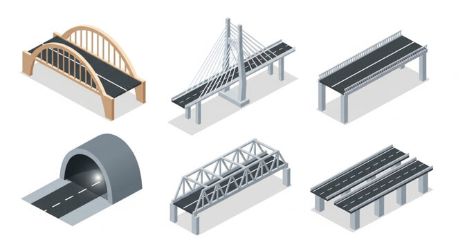 Collection of isometric bridges and tunnel illustrations.