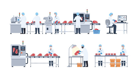 Obraz premium Skilled factory workers wearing white lab coats and blue hairnets meticulously process raw red meat cuts on long industrial conveyor belts in a plant.
