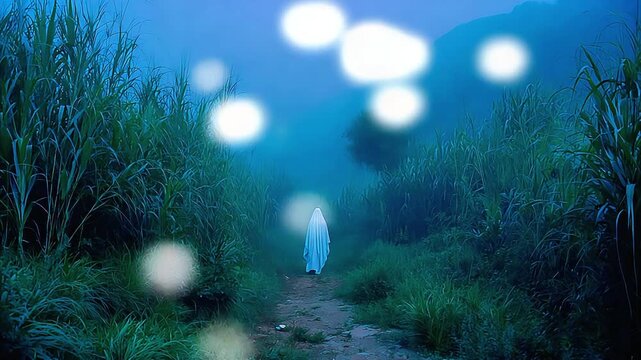 A solitary, cloaked figure walks a path through a dense, foggy landscape, evoking feelings of mystery, solitude, and perhaps a touch of the supernatur