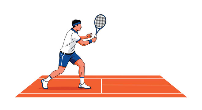 A focused male athlete wearing a blue headband and matching shorts executes a powerful backhand stroke on a vibrant orange clay tennis court background.