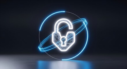 Glowing neon open padlock icon with blue light trails on a dark background representing cyber security and data access.