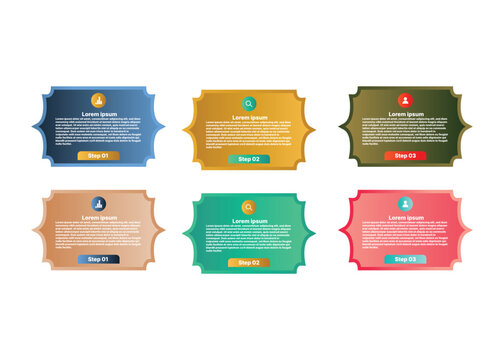 Modern infographic banners with six steps layout. Colorful badge-style design with icons and text placeholders, perfect for business, presentation, workflow and marketing use.