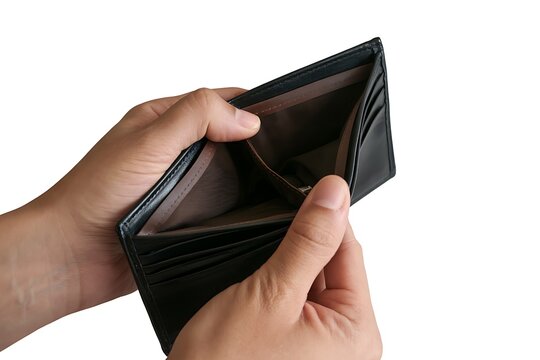 Hands holding an empty black leather wallet