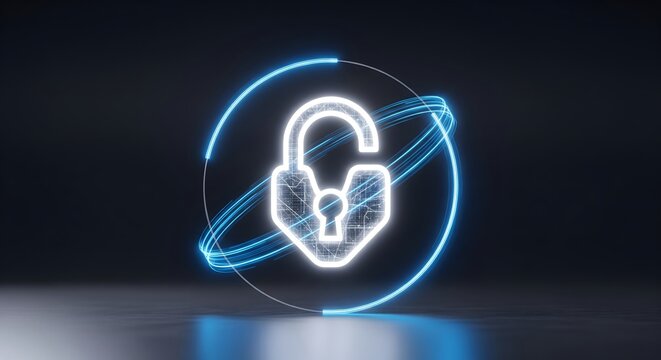 Glowing neon open padlock icon with blue light trails on a dark background representing cyber security and data access.