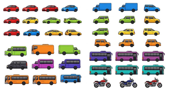 Collection of colorful cartoon vehicles for transportation and travel.