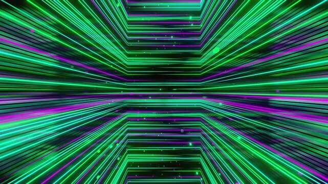 4K seamless turquoise and lilac VJ loop with abstract high-tech geometry, glowing light streaks, and floating particles for VJ sets, electronic music festivals, stage screens and LED video walls