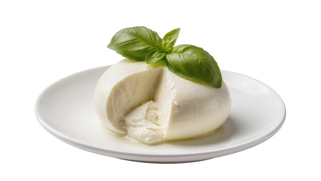 Fresh burrata cheese with basil leaf, isolated on transparent background