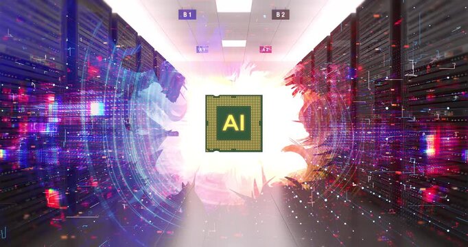 Modern server room with glowing artificial intelligence chip. AI Technology Related 3D Computer Animation.
