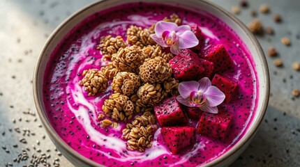 Fototapeta premium Vibrant dragon fruit smoothie bowl with granola and edible flowers