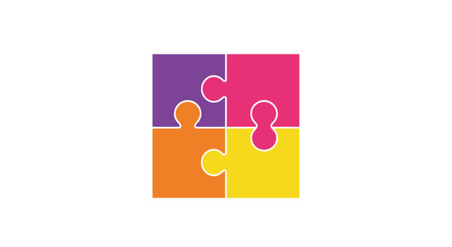 A vibrant set of four interlocking puzzle pieces in purple pink orange and yellow hues creates a cohesive square shape on a pristine white background.