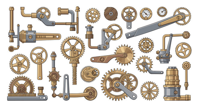 Meticulous vintage steampunk mechanical gears and brass clockwork components are displayed in a flat layout against a pristine white background today.