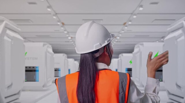 Back of Asian Female Engineer Waving Hand Saying Bye While Walking at Modular Energy Storage Systems in a Clean Modern Data Center