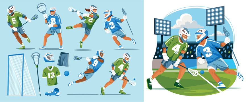 Lacrosse match illustration with two players competing on stadium field