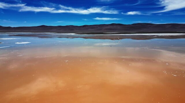 Tracking drone shot following flamingos flying low over a vast mirror-like salt lagoon reflecting blue sky and clouds with dark arid hills on the horizon. Reserva Nacional Los Flamencos, Chile
