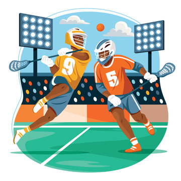 Lacrosse players competition illustration with stadium and game action scene