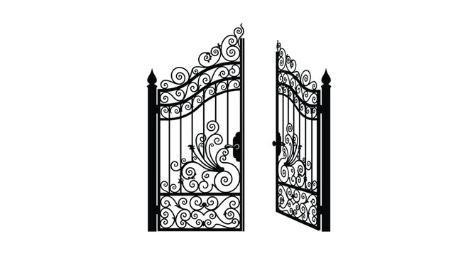 A pair of meticulously crafted black wrought iron gates featuring ornate floral scrolls and peacock motifs stands partially open in a bright white space.