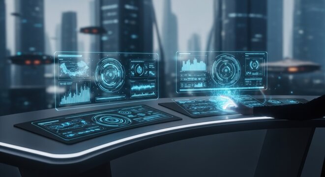A futuristic, high-tech interface with holographic screens and a control panel in a cityscape background.