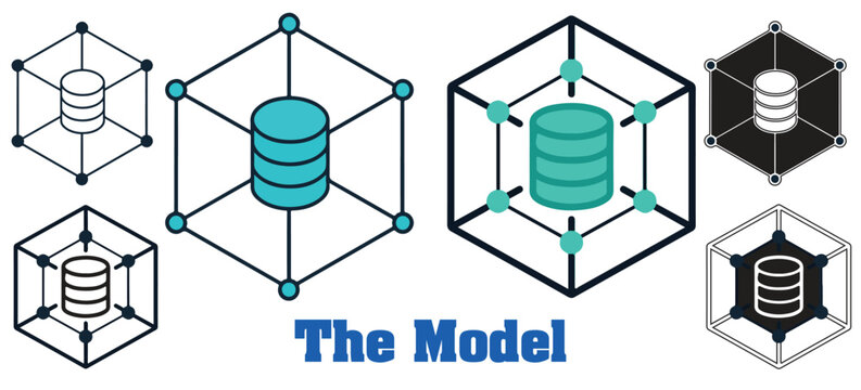 Data model conceptual illustration featuring geometric nodes, network structures, and centralized databases symbolizing digital architecture, information science, and technological connection framewor