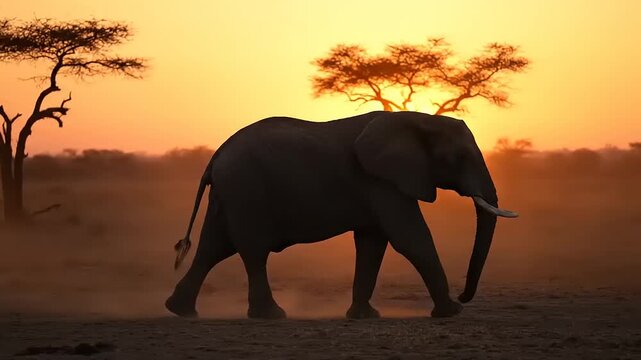 Silhouetted elephant walking during sunset with orange sky and sparse trees in the background
