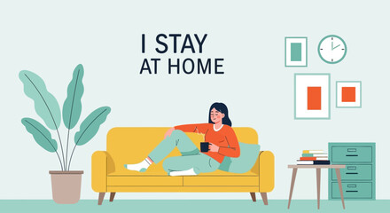 Fototapeta premium A woman relaxes on a yellow couch at home with a plant and table nearby.