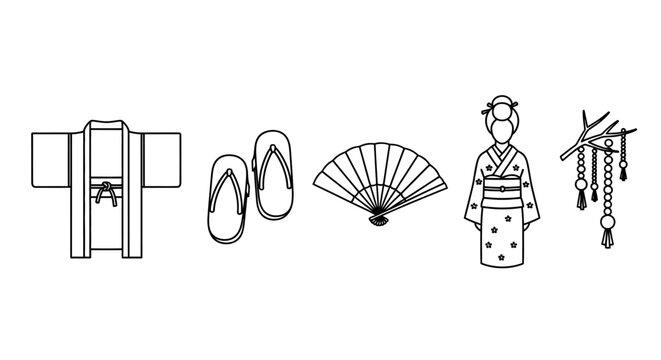 Traditional Japanese woman wearing kimono holds fan with accessories