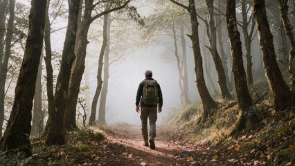 Obraz premium Autumn hiking scene: a backpacker walking along a forest trail in mist, fallen leaves, soft light, calm atmosphere of travel and solitude. 