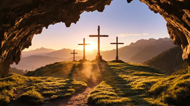Cave view of three crosses at sunrise for commercial advertising, marketing campaigns, and creative projects