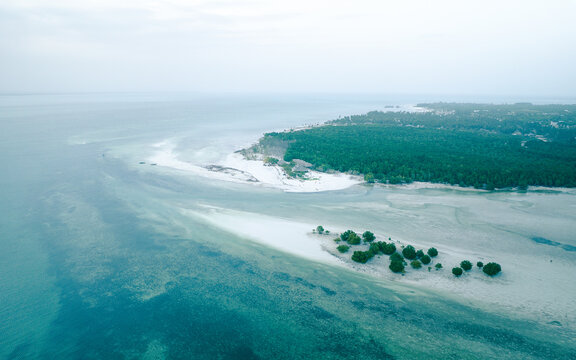 Aerial view of the coastline with its contrasting turquoise waters meeting the bright sands, backed by dense green vegetation, Paje, Unguja South Region, Tanzania.