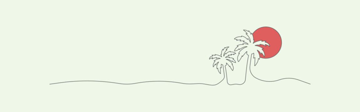 Two palm trees with a red sun behind them