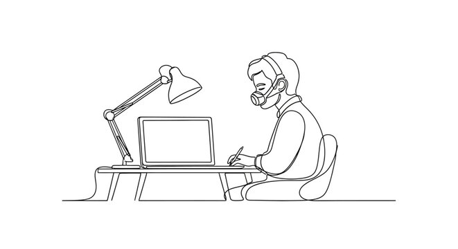Person wearing mask and headphones working on laptop at desk with lamp