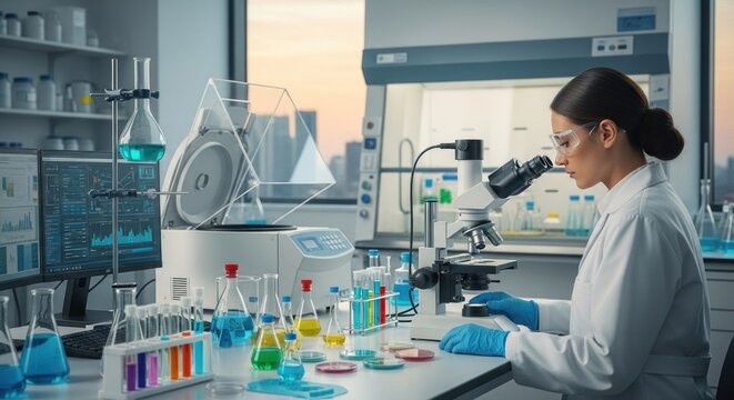 A female scientist wearing a white lab coat and glasses, using a microscope in a laboratory with various equipment and samples.