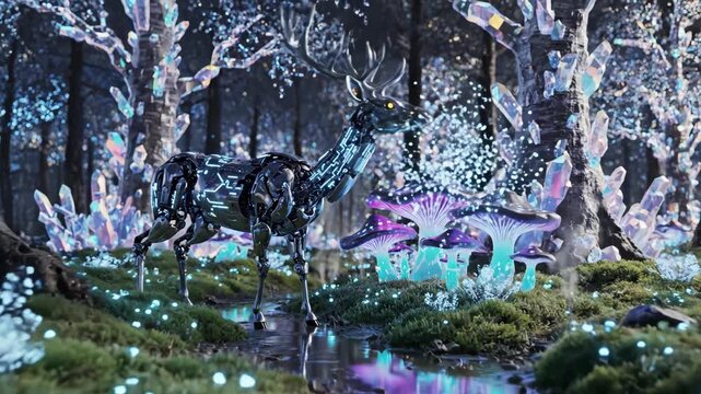Cybernetic deer in glowing forest for corporate presentations, business marketing, and commercial use
