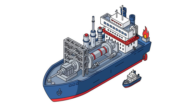 Industrial vessel and tugboat illustration, representing maritime and industrial operations