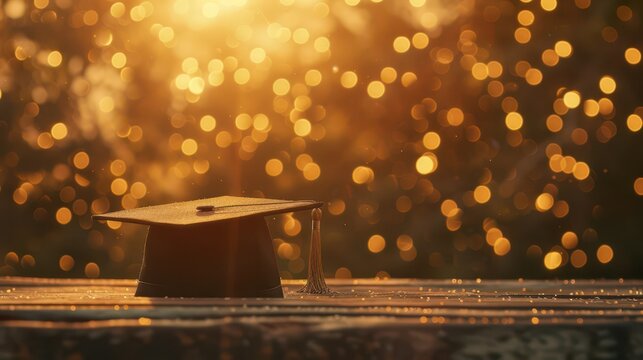 Graduation mortarboard cap on table with golden bokeh lights for elegant celebration background and banner design
