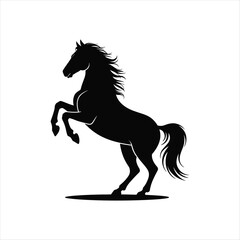 Majestic silhouette of a powerful black horse rearing up on its hind legs with flowing mane and tail © Murad