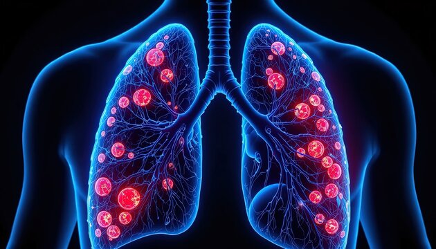 Human respiratory organs displayed with numerous illuminated circular abnormalities throughout the tissue