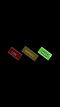 Three tilted labels reading low, normal, and high in red, yellow, and green on a black background, representing a risk or level indicator and selection concept.