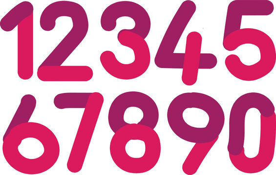 Pink and Magenta Dual-tone Rounded Number set 0-9 on white background, Vector numeric icons for cute and vibrant typography design.