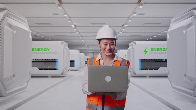 Front View of Asian Female Engineer Use Computer While Walking at Modular Energy Storage Systems in a Clean Modern Data Center