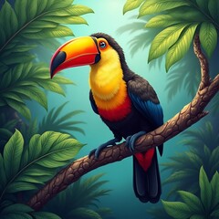Fototapeta premium A vibrant toucan perched on a branch in a lush tropical forest