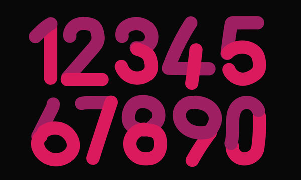 Pink and Purple Dual-tone Rounded Number set 0-9 on black background, Vector numeric icons for creative and feminine typography design.